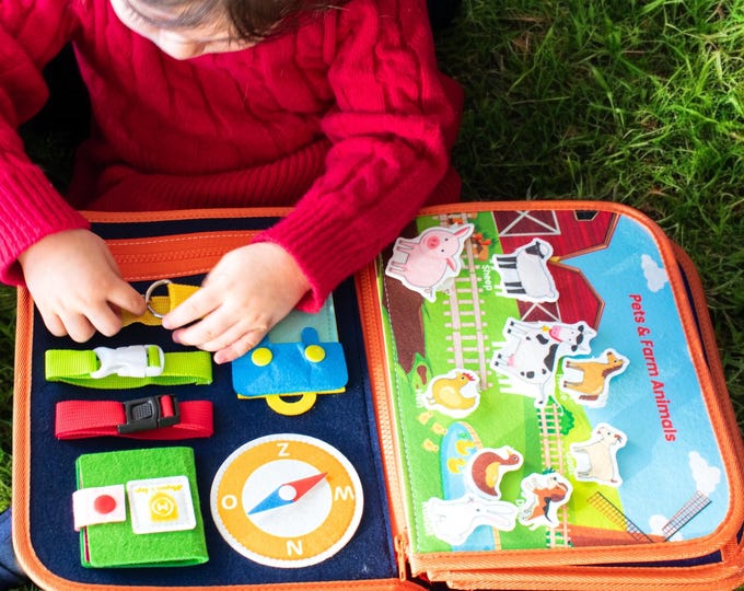 12 Page Montessori Busy Board Ages 3+ - Personalized Quiet Book - Kids Travel Toy for Airplane Car - Gift for Boys Girls 3 4 5 Preschool toy