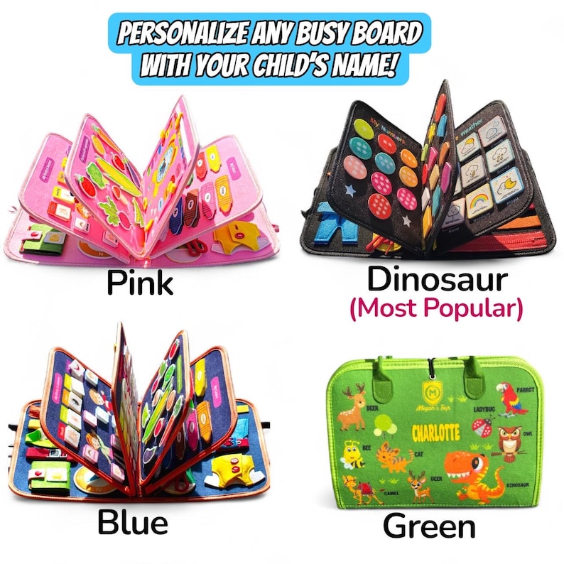 Pode incluir: Quatro pain&eacute;is sensoriais de feltro nas cores rosa, preto, azul e verde, com elementos interativos como bot&otilde;es, z&iacute;peres e formas. O painel verde exibe o nome Charlotte e ilustra&ccedil;&otilde;es de animais. Texto: PERSONALIZE ANY BUSY BOARD WITH YOUR CHILD'S NAME!