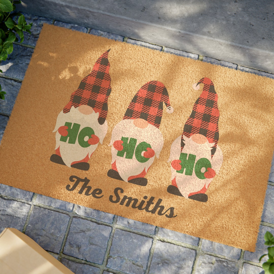 Christmas Gnome Door Mat Personalized Name Rug, Custom Outdoor Mat