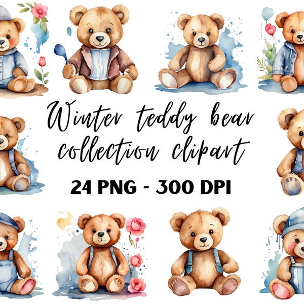 Watercolor Winter Teddy Bears Collection Clipart, 24 PNG Cute Teddy Bear in Water Clipart, Winter Teddy Bear Clipart, Commercial Use