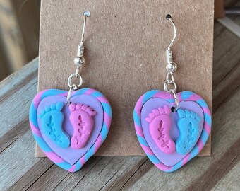 Baby feet earrings baby shower gender reveal ob ultrasound tech earrings dangle clay earrings handmade pink and blue boy or girl silver