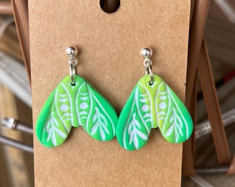 Luna moth boho chic green and yellow moon and floral design Luna moth earrings dangle iron nickel green stud post clay earrings handmade