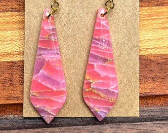 Faux stone amethyst and rose quarts inspired pink and purple faux marble design dangle earrings handmade gold