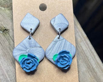 Floral Christmas silver and blue rose dangle earring stud push back stainless steel handmade clay earrings blue Christmas occasion