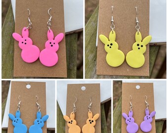 bunny earrings, blue, purple, pink, yellow, orange, fun Easter earrings, dangle, unique, bunny sillouette, holiday, bright, sterling silver