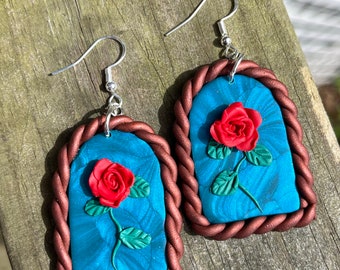 red rose, blue background, bronze border, floral earring, dangle earring, occasion, spring, polymer clay earring, handmade, sterling silver
