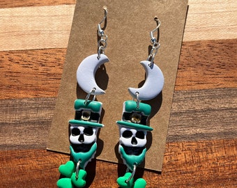 Leprechaun skeleton handpainted haunted leprechaun unhinged spooky st Patrick's day st paddy's earrings clay earrings handmade sterling