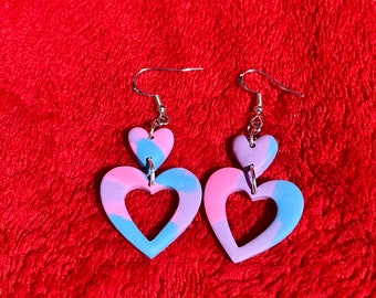 Double heart, pink, purple, and blue marble, heart earrings, clay earrings, handmade, polymer clay earring, sterling silver, lightweight