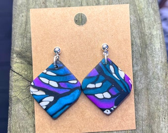 Butterfly wing inspired dangle earrings iron studs push back purple and blue white and black unique clay earrings dangle