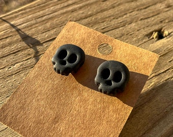 Black skull, stud earrings, clay earrings, hippie, Halloween, handmade, hypoallergenic stainless steel studs