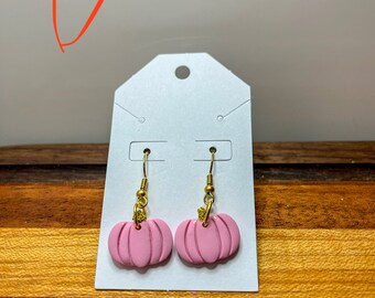 Multiple shades, pink Halloween, fall pumpkin, minimalist dangle earrings, clay earrings, handmade, hypoallergenic gold dangle, pink pumpkin