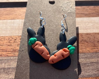 bunny earrings, black bunny, carrot, fun Easter earrings, dangle, unique, bunny sillouette, holiday, bright, sterling silver