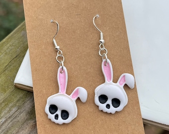 Skull bunny, skeleton, bunny ears, hand painted, handmade, polymer clay, dangle earrings, spooky, Easter, unusual Easter earrings, sterling