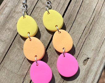Pink, yellow, orange , 3 tiered, egg earrings, clay earrings, handmade, hypoallergenic, easter