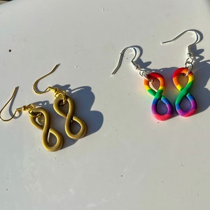 Autism acceptance, rainbow infinity, gold infinity, sterling silver, gold plated, polymer clay earrings, handmade, inifinty sign