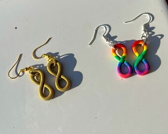 Autism acceptance, rainbow infinity, gold infinity, sterling silver, gold plated, polymer clay earrings, handmade, inifinty sign