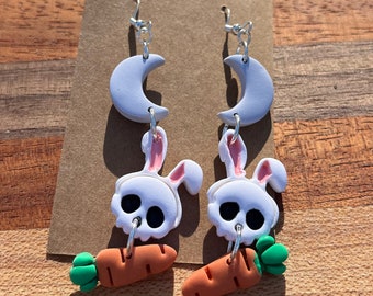 Skull bunny, skeleton, carrot, bunny ears, hand painted, handmade, polymer clay, dangle earrings, spooky, Easter, unusual Easter earrings,