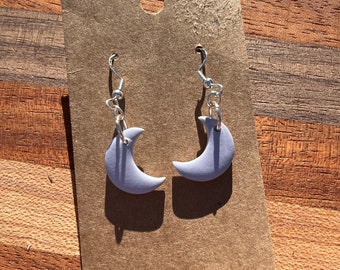 Silver moon, dangle earrings, clay earrings, handmade, celestial, hypoallergenic sterling silver