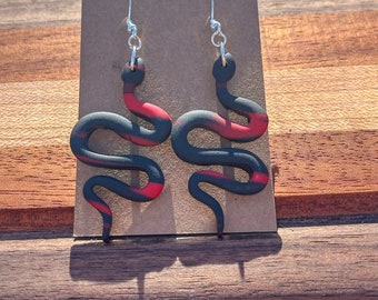 red and black, snake earrings, clay earrings, handmade, sterling silver, gothic, unique, statement dangles, lightweight