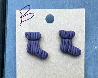 Sweater weather winter studs cozy hat stocking gloves or heart studs Christmas earrings deep purple eggplant minimalist stainless steel