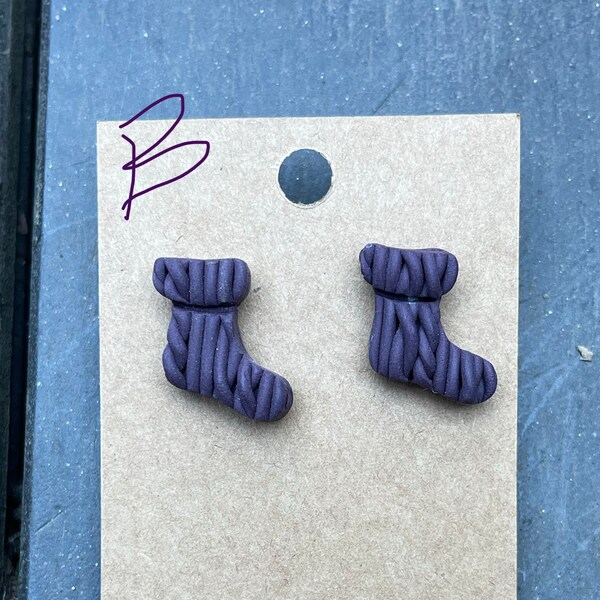 Sweater weather winter studs cozy hat stocking gloves or heart studs Christmas earrings deep purple eggplant minimalist stainless steel