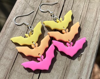 Pink, yellow, orange , 3 tiered, bat earrings, Halloween, clay earrings, handmade, hypoallergenic, spooky, easter