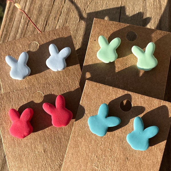 Bunny studs, clay earrings, pink, mint green, light blue, aqua, bunny head, Easter earrings, stainless steel, pastel, embedded studs