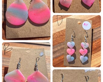 translucent,  pink yellow and blue, multiple styles, dangle earrings, clay earrings, handmade, boho chic, 90s inspired, unique earrings