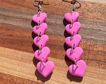 Multi Heart, dangle earrings, earrings handmade,  hypoallergenic, 925 sterling silver, polymer clay earrings, hot pink, 5 tier