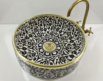 Handmade Moroccan Ceramic Sink, Black White Vessel Sink, Brass Rim Bathroom Vanity Basin Decor