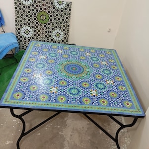 Rectangular Moroccan Mosaic Table,Custom Handmade Zellije Tile Craft, Outdoor Coffee Table, Wrought Iron Frame, Home Décor, Luxury Furniture
