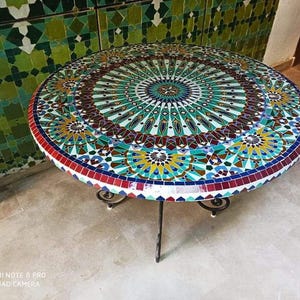 Custom Round Mosaic Tile Table - Handmade Moroccan Zellige Table for Patio, Garden, Outdoor Dining, Bistro, Balcony, or Unique Home Decor