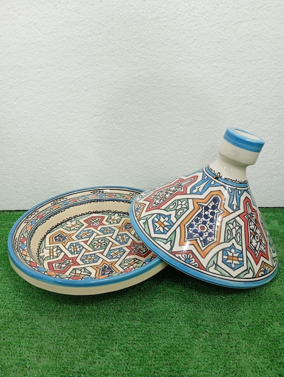 手作りモロッコ料理用タジン – カラフルなフェズ模様の鉛フリー