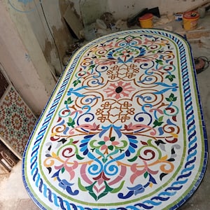 Handcrafted Oval Moroccan Mosaic Table, Custom Size Zellige Dining Table for Patio or Garden, Indoor Outdoor Tile Table, Luxury Home Deco