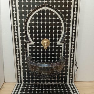 Black and White Moroccan Tile Fountain,Handmade Wall water Mosaic Fountain for Garden and Indoor Decor,Moroccan Zellige Water Fountain Art,