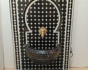 Black and White Moroccan Tile Fountain,Handmade Wall water Mosaic Fountain for Garden and Indoor Decor,Moroccan Zellige Water Fountain Art,