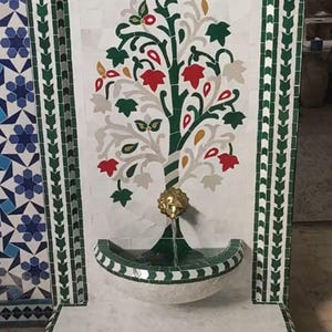 Green Moroccan Mosaic Fountain – Handcrafted Zellige Tile Water Feature with Floral Tree Design, Custom Indoor Outdoor Garden Wall Decor