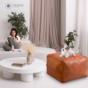 Custom leather pouf,leather puff,Pouf Leather,Nursery Pouf,round footstool,Pouf Square Ottoman,Genuine Leather pouf-brown Leather Pouf-
