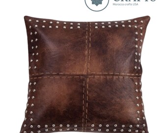 Cognac Square Leather Pillow Cover, Decorative Brown Leather Pillow Case  Brown Leather Cushion  Handmade Leather Throw Pillow Cover.