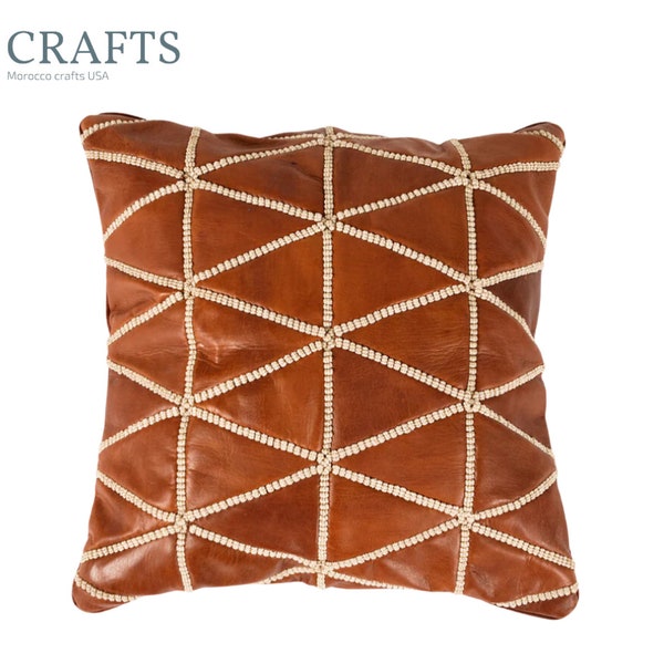 Moroccan Leather Pillow-Decorative Brown Leather Pillow Case -black pillowcase - Brown Leather Cushion  Handmade Leather Throw Pillow Cover.