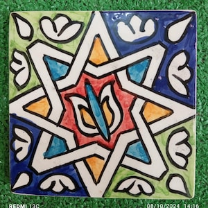 Hand-Painted Moroccan Ceramic Tile 4in x 4in, Decorative Wall Tile, Artisan Crafted Backsplash, Unique Ceramic Wall Art, Moroccan Decor Tile