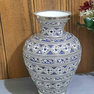Handmade Fes Ceramic Vase -Hand-Painted Moroccan Nickel Silver Vase  ,Decorative Pottery Vase for Home, Artisanal Ceramics,Blue Vase