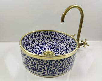Lavabo de cerámica marroquí hecho a mano, lavabo de sobreponer azul y blanco, lavabo de baño con borde de latón, lavabo redondo para tocador, decoración bohemia