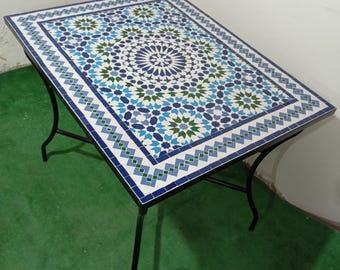 Blue Handmade Moroccan Mosaic Bistro Table: Zellige Tile, Iron Base
