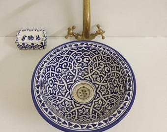 Blue Moroccan Ceramic Undermount Basin, Hand Painted Bathroom Vanity, Fez Artisan Bowl