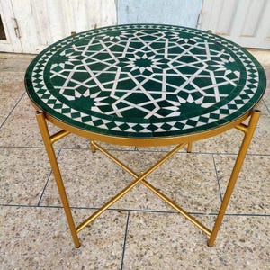 Moroccan Round Mosaic Table, Green and White Zellige Tile Table for Outdoor Patio, Handmade Garden Dining Table, Boho Home Decor Accent