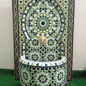 Handmade Garden Mosaic Fountain, Wall-Mounted Outdoor Water Feature, Andalusian Tile Artwork, Frost-Proof Patio Decor, Unique Yard Fountain.
