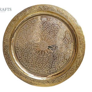 Moroccan Brass Tea Table – Handcrafted Arabesque Tray Table – Vintage Style Engraved Folding Brass Table for Decor, Gift, or Coffee Serving