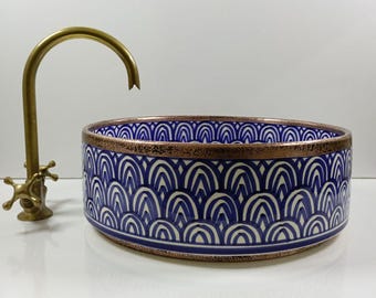 Blau marokkanische Keramik Waschbecken Kupferrand handgefertigte Gefäß Badezimmer Eitelkeit Waschbecken