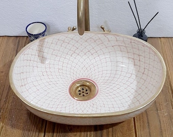 Handmade Ceramic Sink- Moroccan Fish Scale Design-Oval Vessel Basin-Brass Rim Bathroom Sink, Artisanal Pottery Wash Basin-Unique Vanity Bowl